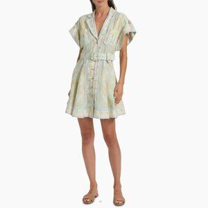 Zimmermann Light Green Belted Paisley-print Linen Mini Shirt Dress